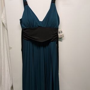 Speechless One-Shoulder Teal and Black Pleated Maxi Dress